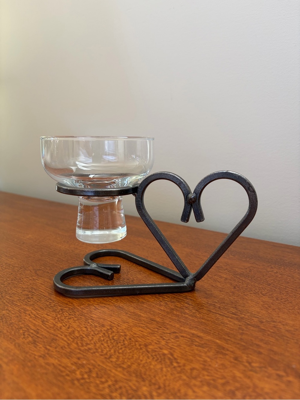Heart-Shaped Iron Candle Holder with Clear Glass Cup - Black